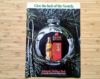 Vintage Magazine Advertisement, Johnnie Walker Red Scotch, 1960s Christmas Print, Retro Drinks Promotion, Festive Bar Decor Idea