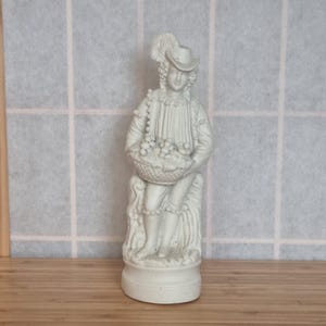 Parian Ware Figurine | Antique White Porcelain Cavalier with Grapes | 1800s Bisque Statue | Victorian Period Figure 8.5&quot;