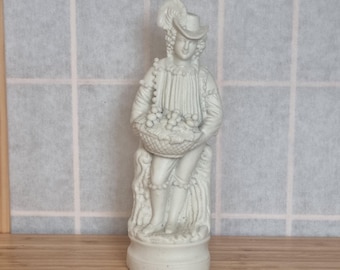 Parian Ware Figurine | Antique White Porcelain Cavalier with Grapes | 1800s Bisque Statue | Victorian Period Figure 8.5&quot;