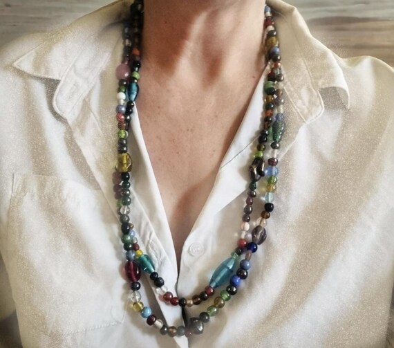 Collier Vintage Femme - Perles De Verre Fantaisie - Bijou D'occasion