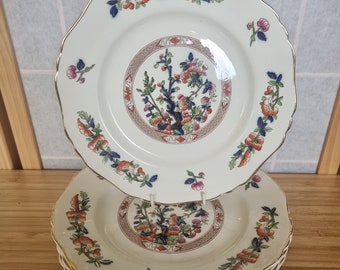 Antique Indian Tree Plate Set, Hancock & Sons Pottery, Victorian English China, 6-Piece Collection