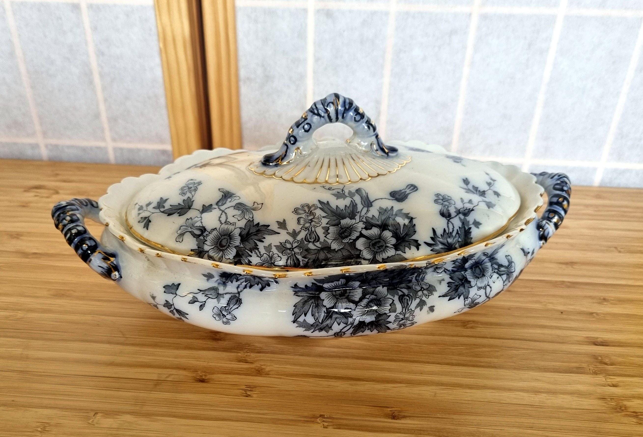 Victorian Ransfers Antique English Flow Blue Lidded Tureen, Victorian Transferware Covered ...