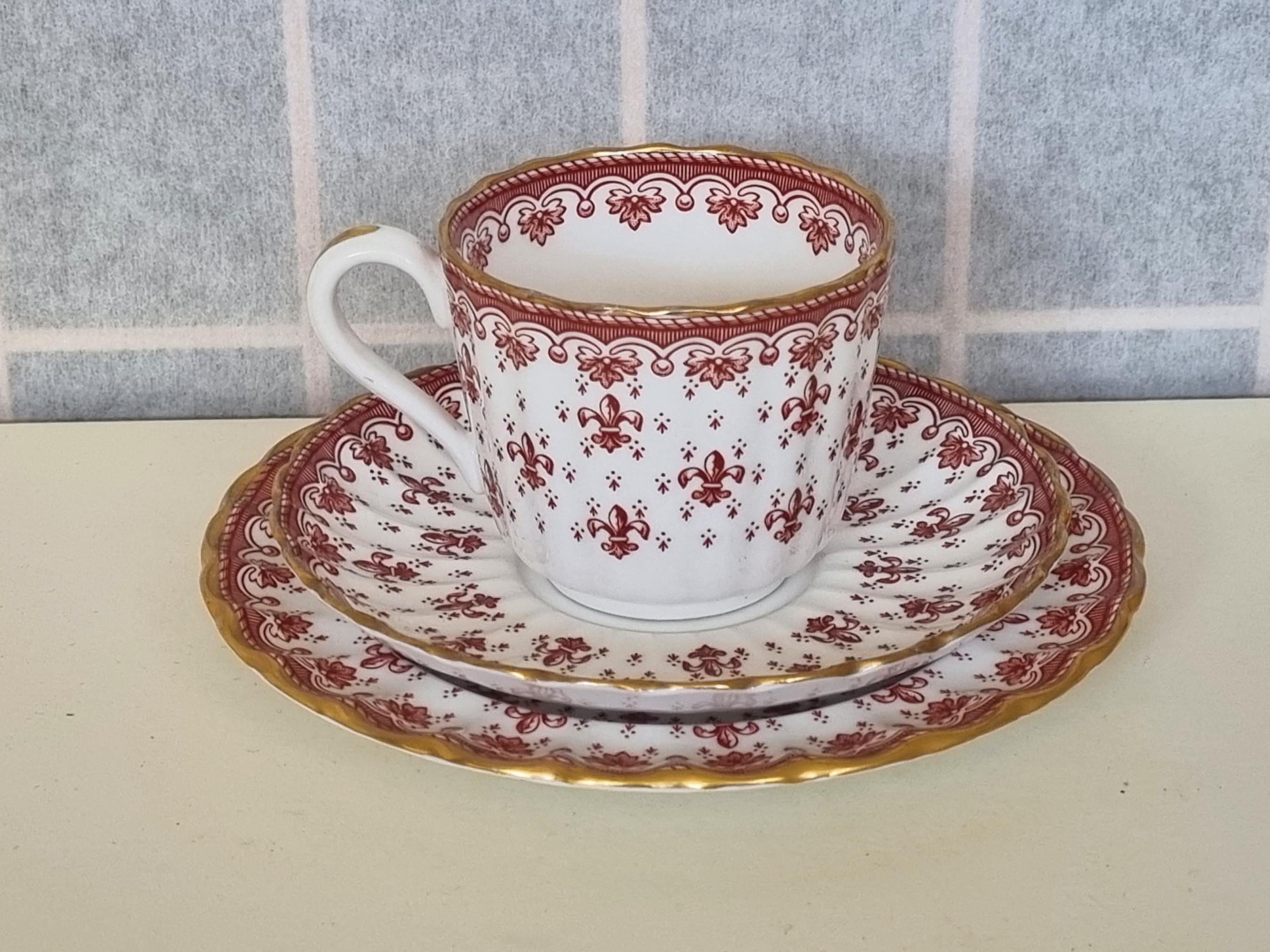 Spode Fleur De Lys Red Trio | Vintage Fine Bone China Tea Set