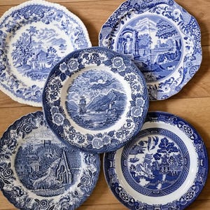 Vintage Blue Transferware Collection | English China Plates | Cottage Decor Set | 10 inch Serving Dishes | Traditional Landscape Scenes