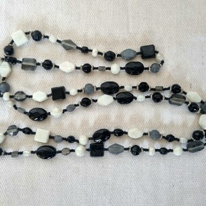 Vintage Glass Bead Necklace | Black White Gray Opera Length 22&quot; | Monochrome Statement Necklace | 1960s Long Beaded Jewelry