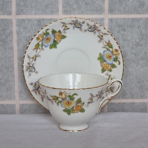 Vintage Morning Glory Tea Cup Saucer | Fine Bone China Samuel Radford | Blue Floral English Teacup Set | Mayfair Porcelain