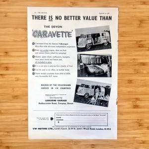 May include: Vintage advertisement for the Devon Caravette, a camper van built on a Volkswagen chassis. The black and white ad features images of the vehicle's interior and exterior, along with text describing its features and benefits.