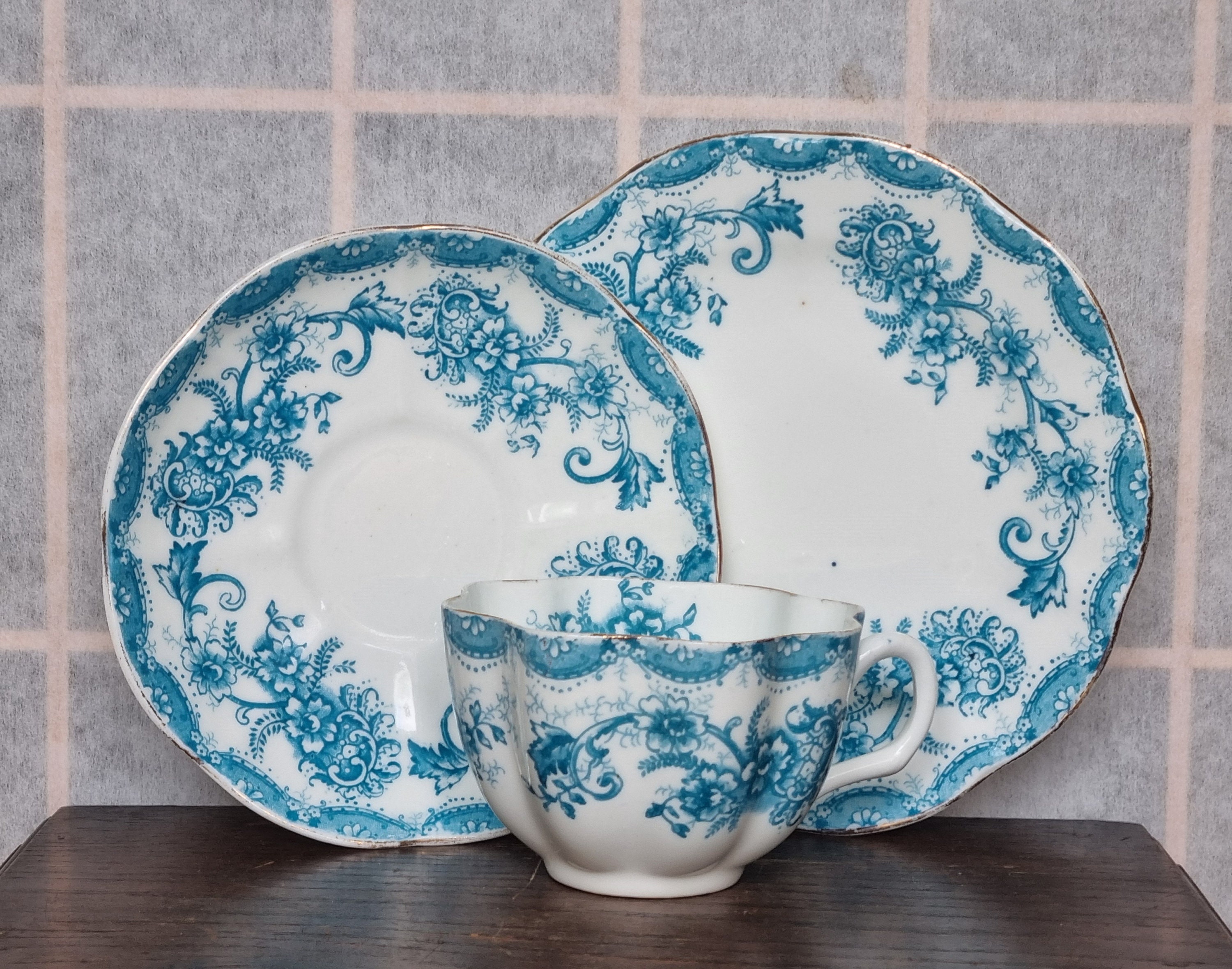 Antique English Tea Cup Trio | Victorian Blue White China | Ornate