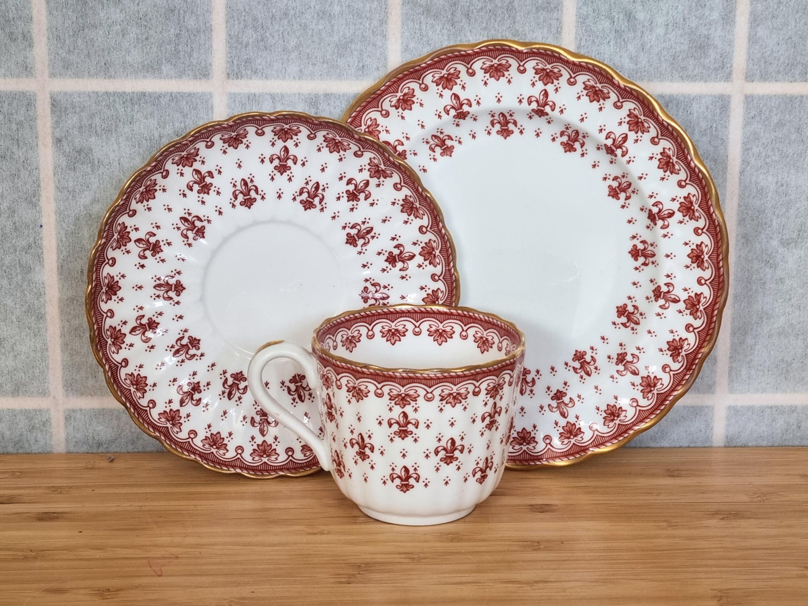 Spode Fleur De Lys Red Trio | Vintage Fine Bone China Tea Set