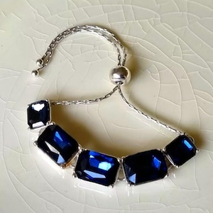 Blue Glass Cabochon Bracelet | Geometric Sapphire Cabochon | Silver Adjustable Evening Wear | Vintage Cocktail Statement Piece