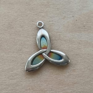 Vintage Celtic Trinity Pendant, Abalone Shell Inlay, Small Dainty, Silver Metal, 1990s Triquetra