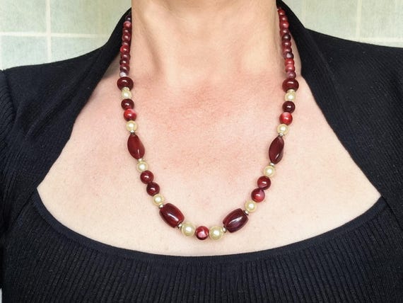 Cherry Red Bead Necklace Vintage Acrylic Pearl Statement Jewelry  Burgundy Chunky Retro Beaded Choker 22 Inch Length Bold Fashion