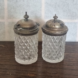 Antikes Glas Menage | Diamant Muster Zinndeckel Salz Pfefferstreuer | Viktorianisches Set Geschirr Speiseservice