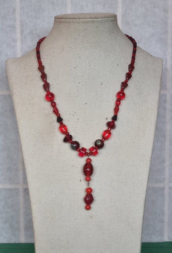 lariat necklace Red Glass Beaded Tassel Necklace,… - image 1