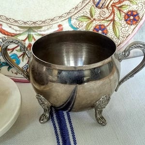 Silver Plated Sugar Bowl, British Vintage Tableware, Fine Dining Decor, Footed, Handles, Antique Silverware Collectible, Art Nouveau