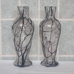 Mid Century Glass Vases | Veined Spider Web Pattern | Pair Vintage Art Glass | Gray Smoke Collectible 7.5&quot;