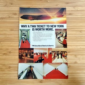 Anúncio antigo da companhia aérea TWA – Anúncio original de Nova York dos anos 1970, itens colecionáveis de viagem da Trans World Airlines