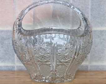 Vintage Cut Crystal Basket, Starburst Pattern Glass Handled Bowl, Mid Century Crystal Table Decor, Elegant Serving Basket