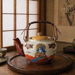 Puede incluir: Una tetera de cerámica decorativa con asa y boquilla marrones. La tetera es blanca con un diseño pintado que presenta una figura en azul y dorado, con detalles en rojo y dorado. Se encuentra sobre una bandeja de madera.