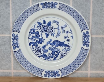 Prato Barratts Staffordshire | Porcelana Nankin Azul e Branca | Desenho de Pássaro e Peônia | Chinoiserie Vintage | Prato Decorativo de 25 cm