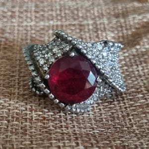 Vintage Rubellite Sterling Ring | Art Deco Style Large Statement 925 Silver Designer Ring with CZ | Red Gemstone Cocktail Ring
