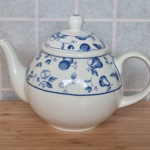 Arthur Wood Teapot | Blue White Fruit Pattern English China | Vintage Staffordshire Pottery | Large 6 inch Kitchen
