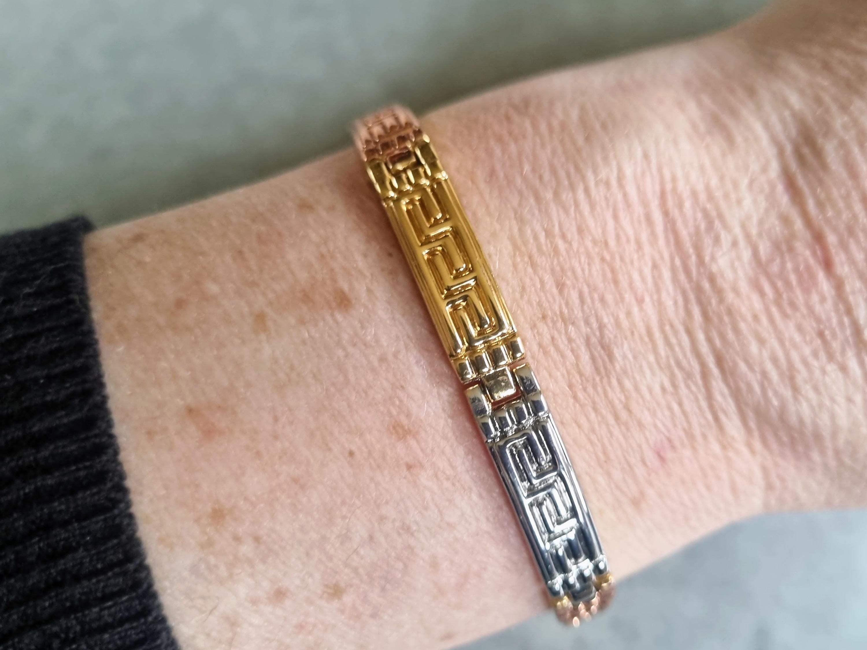 Vintage Belt Bracelet Gold Toned Grecian Roman Leaf Motif Stretch Vintage 1980s Vintage Gold Bracelet | 1980s Greek Key Design | Tri-tone  main image 4