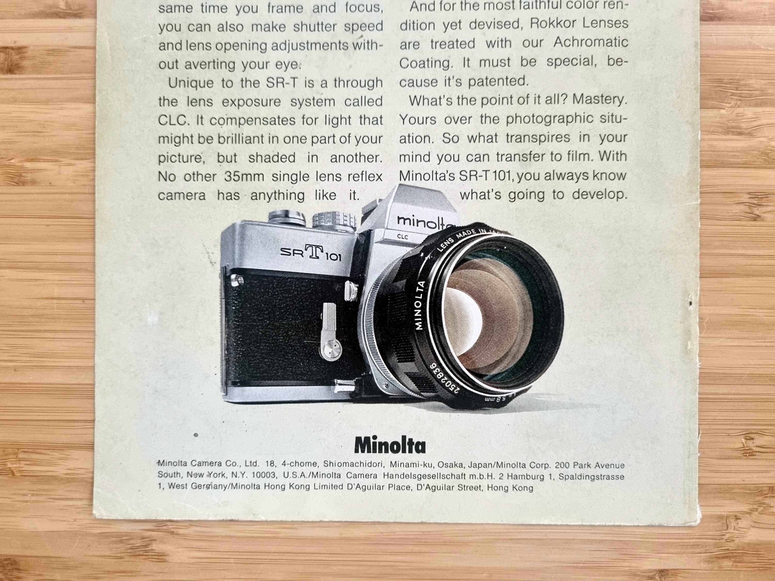 ヴィンテージ ミノルタ SR-T 101 カメラの印刷広告 – 1972 年の雑誌