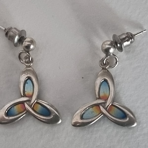 Celtic Trinity Knot Earrings | Silver Abalone Triquetra | Irish Heritage Jewelry | Vintage Dangle Drops