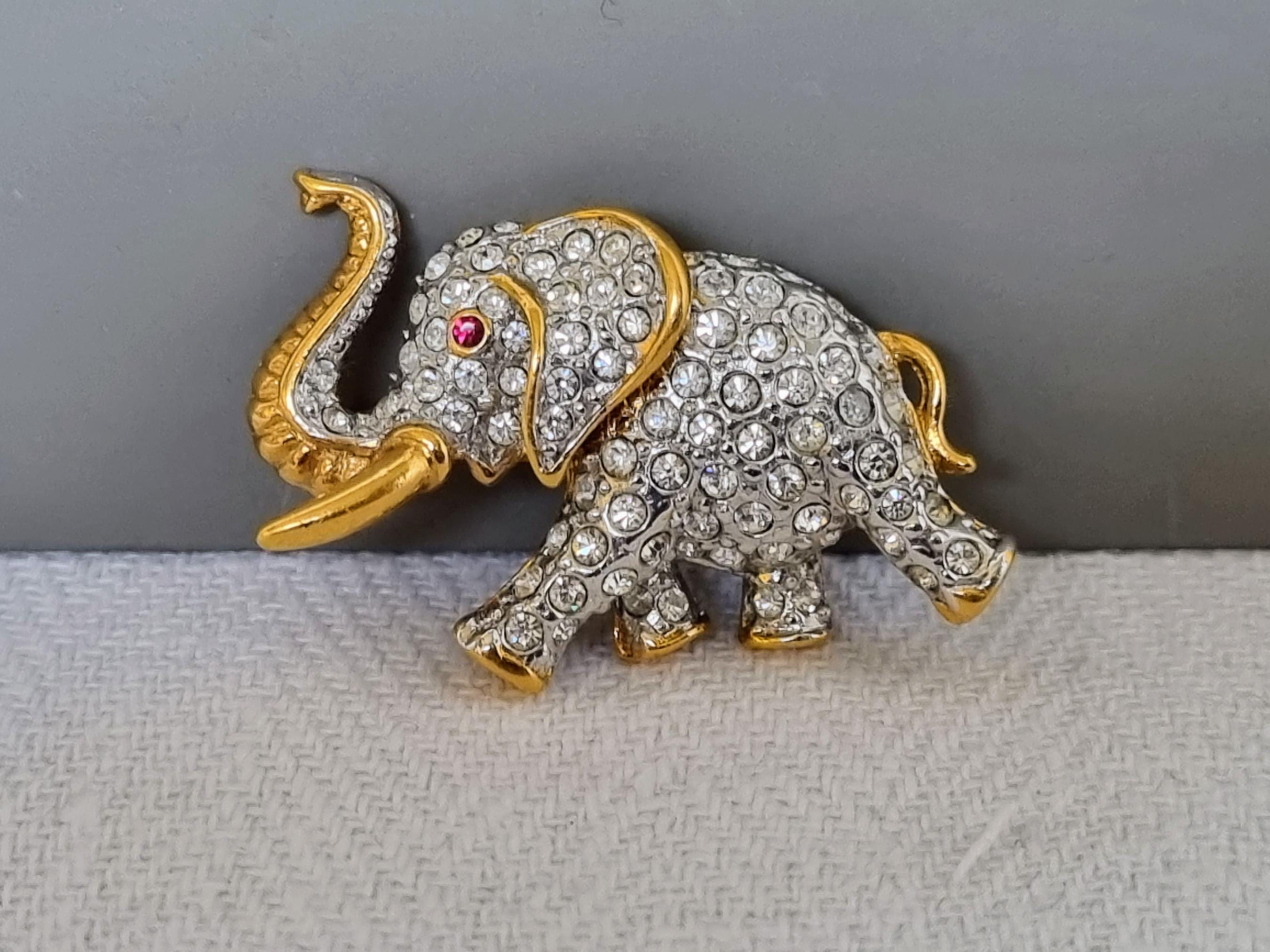 Broche éléphant Dorée Avec Cristal Diamant - Bijou Vintage, Or Poli, Occasion Parfaite