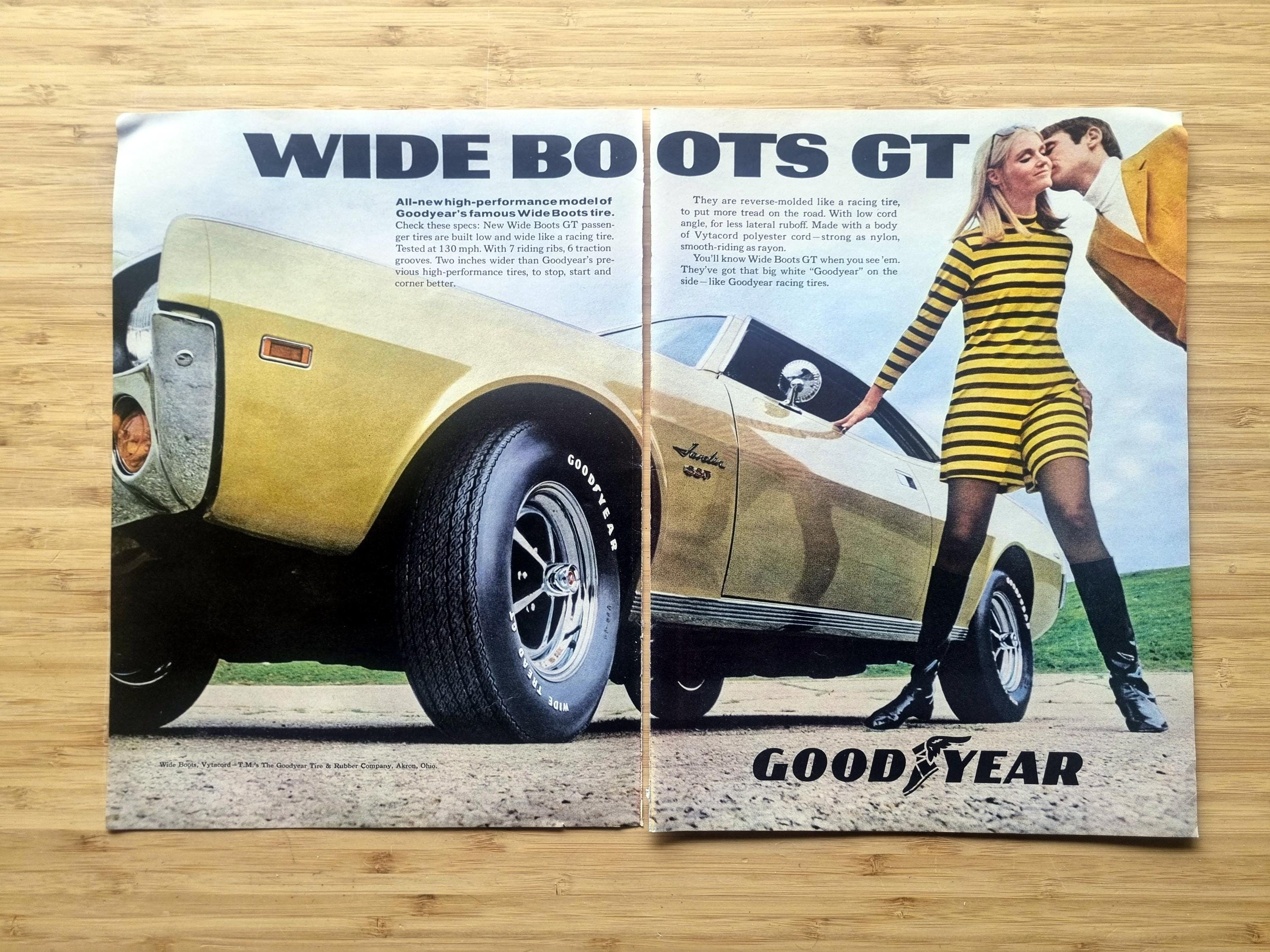 1960s Goodyear Wide Boots GT Tire Ad, Double-page Muscle Car