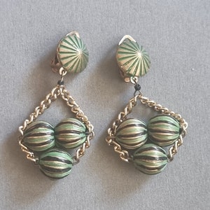 Vintage Green Gold Striped Earrings | 1960s Clip On Dangle Drops | Retro Chain Link Statement Jewelry | Mid Century Geometric