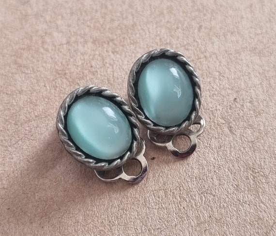 Aqua Blue Chalcedony Silver Tone Metal Vintage Ea… - image 1