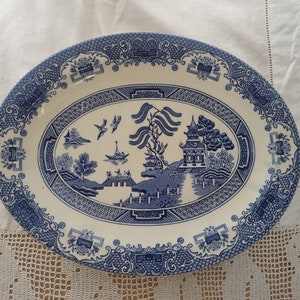 Blue Willow Ironstone Oval Plate | Vintage English China | Blue White 8.5x11 inch | Chinoiserie Pattern