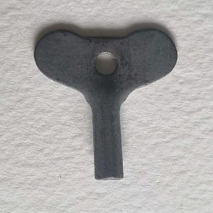 May include: A dark gray metal wind-up key with a circular hole in the center. The key has a rectangular stem and a rounded top with two circular extensions, resembling a butterfly shape. The key is likely for a vintage toy or clock.