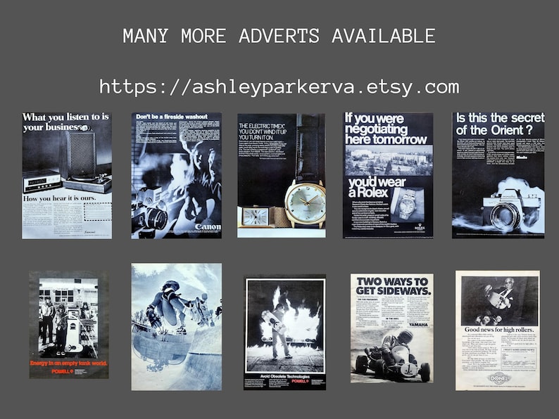 May include: Collection of vintage advertisements with various themes. Includes ads for a stereo system, Canon cameras, Timex watches, Rolex watches, and a camera. The text "MANY MORE ADVERTS AVAILABLE" and a website address are also visible.
