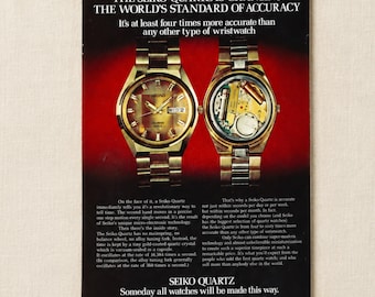 Anúncio vintage de relógio japonês, Seiko Quartz, pôster de relojoaria dos anos 70, decoração retrô para escritório.