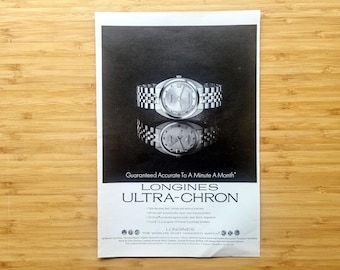 Longines Ultra-Chron Advertisement, 1960s Magazine Print Ad, Original Vintage Watch Ephemera, Guaranteed Accurate to a Minute a Month