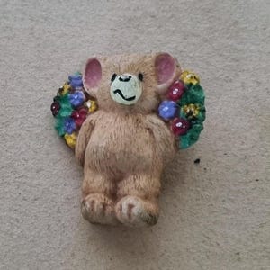 Floral Teddy Bear Brooch | Vintage Ceramic Pin | Hand Painted Mini Bear | Rainbow Bead Flowers | 1.5 inch Accessory