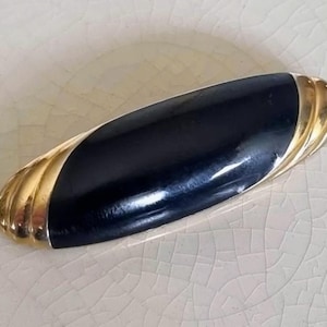 Vintage Black Enamel Brooch | Art Deco Style Gold Tone Oval Pin | Classic Minimalist Design Costume Jewelry | 1980s Fashion Accessory
