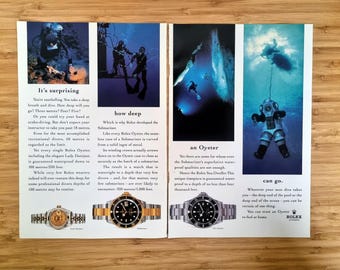 1990s Original Vintage Rolex Submariner & Sea-Dweller 2-Page Magazine Ad – Scuba Diving Spread