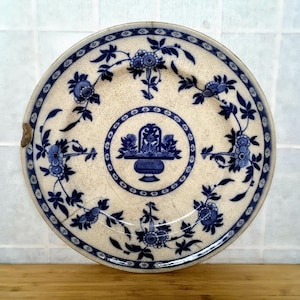 Antique Blue White Plate, Minton Delft Transferware, English Pottery Floral Urn Design, Victorian Era Decorative Display