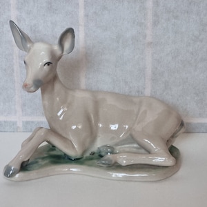 Spanish Porcelain Deer | Tengra White Ceramic Fawn Statue | Vintage Lying Doe Figurine | Nursery Wildlife Decor