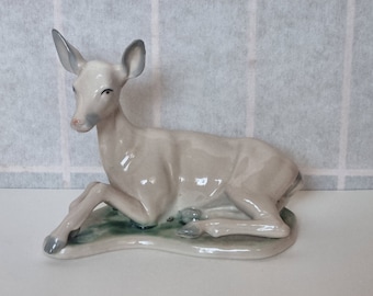 Spanish Porcelain Deer | Tengra White Ceramic Fawn Statue | Vintage Lying Doe Figurine | Nursery Wildlife Decor