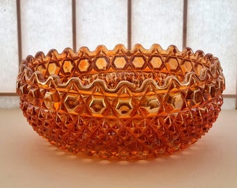 Vintage Glass Serving Bowl, Orange Marigold Pressed Glass Dish, Mid Century Glass, Gold Tone Decorative Bowl