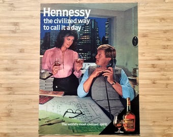 Vintage Alcohol Advertising, Vintage Hennessy Cognac Advertisement, “The Civilized Way to Call It a Day”, Office Scene Bar Cart Decor