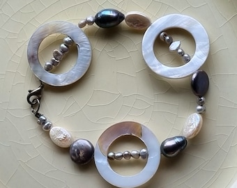 Real Pearl And Mother Of Pearl Abstract Bracelet With Sterling Silver Clasp 8"