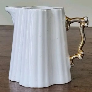 Gold Handle Porcelain Creamer | Antique White Ribbed Design | Continental European China | Vintage Serving Jug