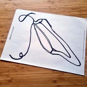 May include: A white sheet of paper with a black line drawing of a shoe. The text "MANOLO BLAHNIK" is printed on the left side of the paper. The paper is on a wooden surface.