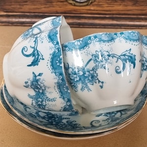 Antique English Bone China Tea Cups | Blue White Floral Pattern | Victorian Tea Set | Two Complete Trio Sets with Faded Gold Trim
